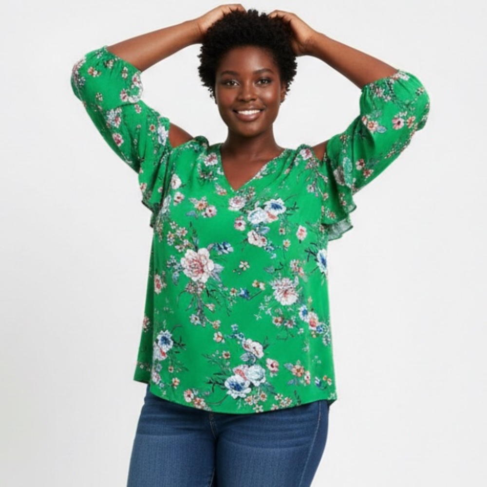 Roz & Ali XL Green Floral Cold Shoulder Blouse Smocked Back V-Neck Ruffle Sleeve